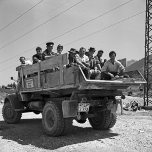 Daily work in a construction area, Germany 1950s. Daily work in a construction area, Germany 1950s.